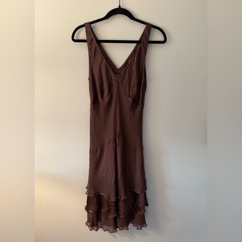 Vintage Y2K Robbie Bee 100% Silk Mini Brown Beaded Prom Dance Party Dress - 12